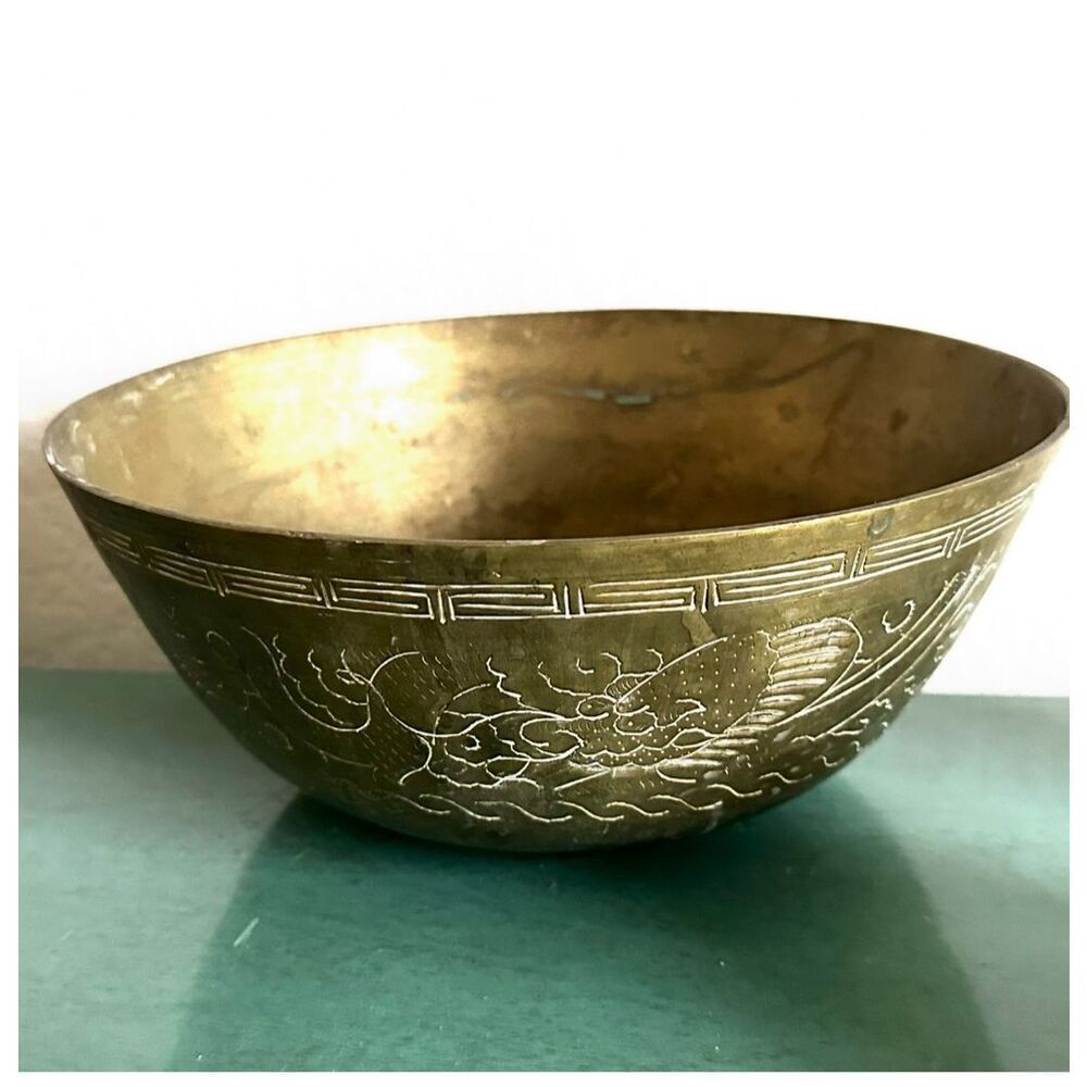Antique Chinese Brass Dragon Bowl - Hand Engraved